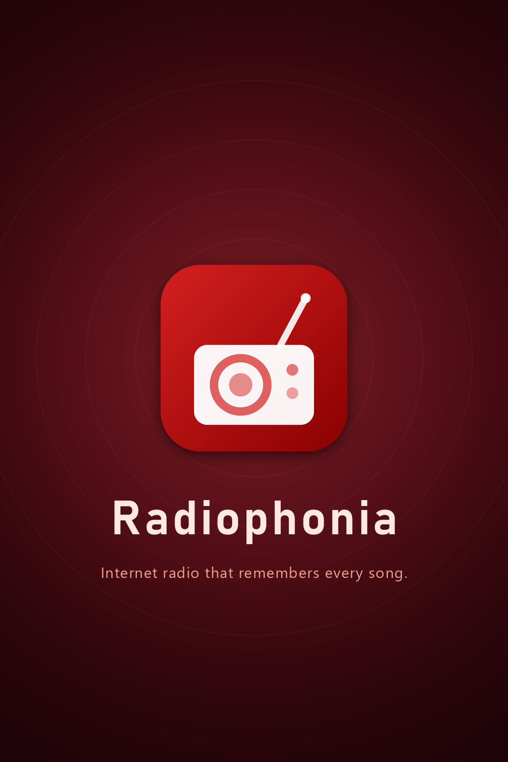 The 2:3 portrait master artwork exactly as composited — radial crimson, concentric radio-wave rings, centred wordmark and tagline, logo tile — uncut on 2:3-ish screens (on a phone the dedicated tall art is what shows); on a 16:9 TV panel the top and bottom fall out of frame, slicing the ring&rsquo;s bottom edge and the wordmark&rsquo;s base